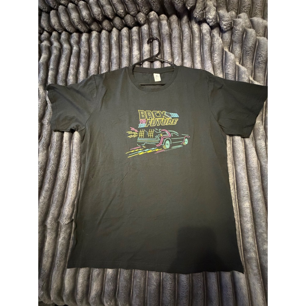Back to the Future DeLorean Neon Graphic T-Shirt Mens XL Black Short Sleeve Tee